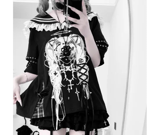 New Off-the-shoulder Subculture Cotton Tee Japanese Punk Gothic Print Dark Loose T-shirt Short/Long Sleeves Y2K Girls Cool Tops