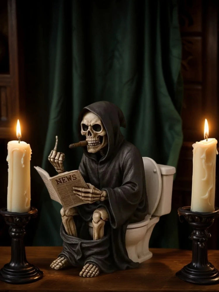Funny Grim Reaper Skeleton on Toilet Resin Figurine, Humorous Gothic Bathroom Decor Statue, Creative Home Ornament for Desk