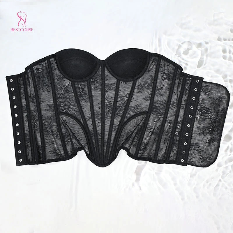 XXS Luxury Victorian Elegant Black Sexy Mesh Corset Tight Extreme Bustier Top With Cup Steel Bone Waist Cincher Sculpting Curve