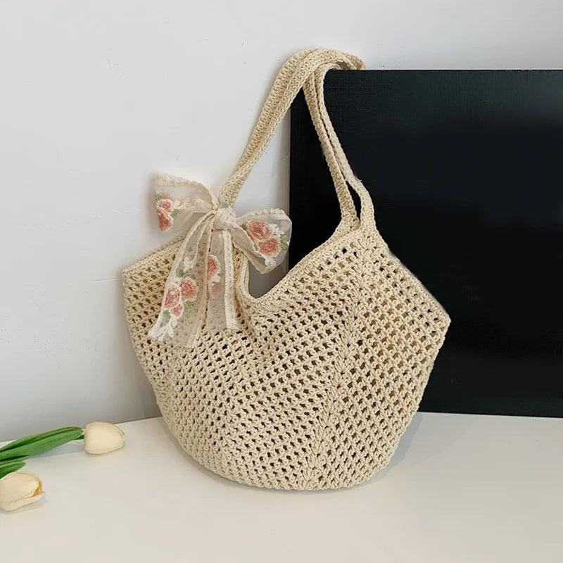 Woven Lace Bow Raffia Tote Bag