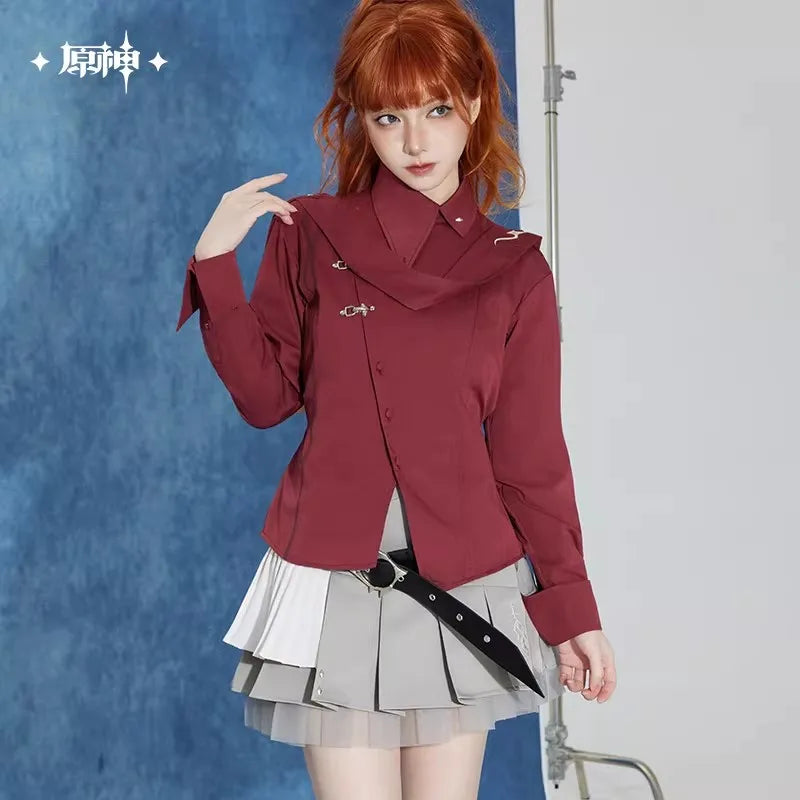 [Genuine] miHoYo Game Tartaglia Shirt Genshin Impact Tartaglia Theme Ribbon Long Sleeved Shirt Clothing Coat Cosplay Xmas Gifts