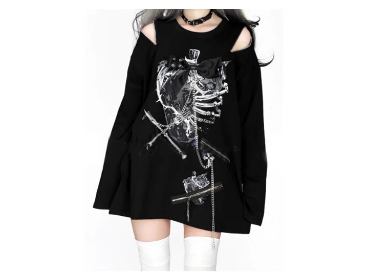 New Off-the-shoulder Subculture Cotton Tee Japanese Punk Gothic Print Dark Loose T-shirt Short/Long Sleeves Y2K Girls Cool Tops