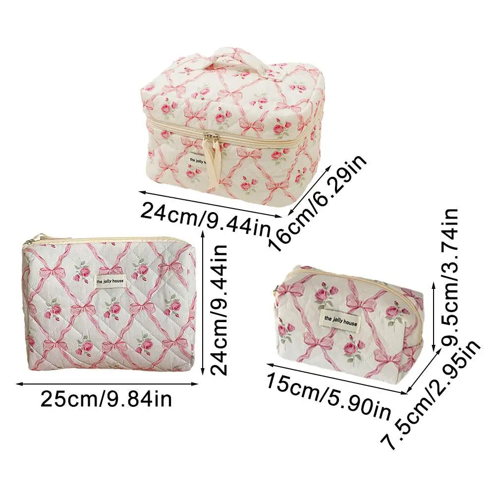 Quilted Bow Floral Makeup Bag