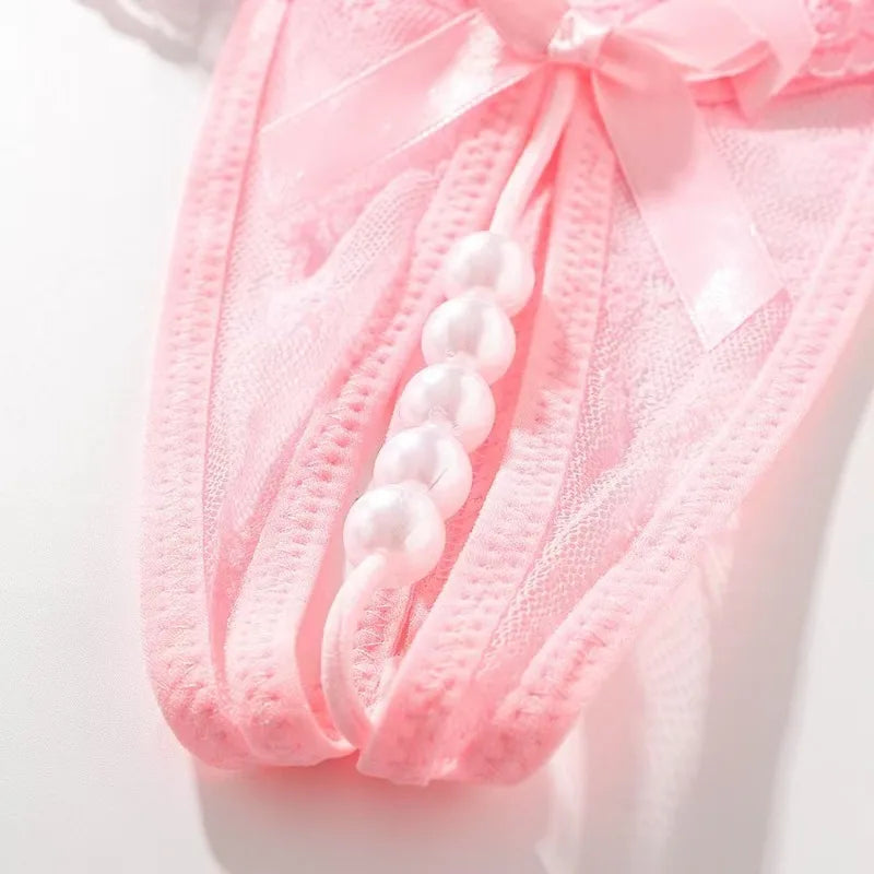 Sexy Panties for Hot Sex Women's Massage Bead Bow Chain Thong Soft Lace Crothless Lingerie Tie Low Waist Hollow G-string Thongs