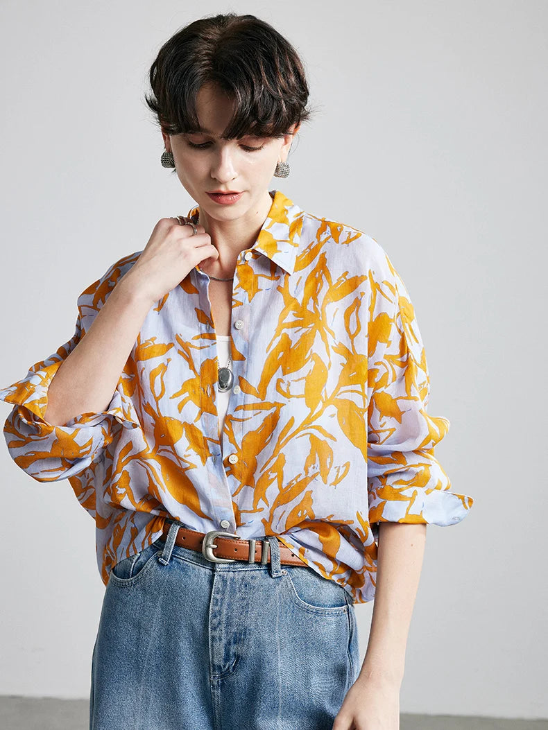 Women's Ramie Printed Turn-Down Collar Shirt