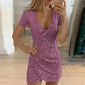 Sexy V-neck Package Hip Irregular Dress For Women Fashion Sequin Shiny Short-sleeve Mini Dress Elegant Party Dresses Female
