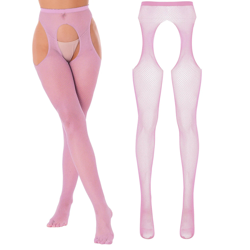Women Sexy Solid Color Stretchy Leggings See Through Hollow Out Fishnet Stocking Lingerie Cutout Crotchless Tights Pantyhose