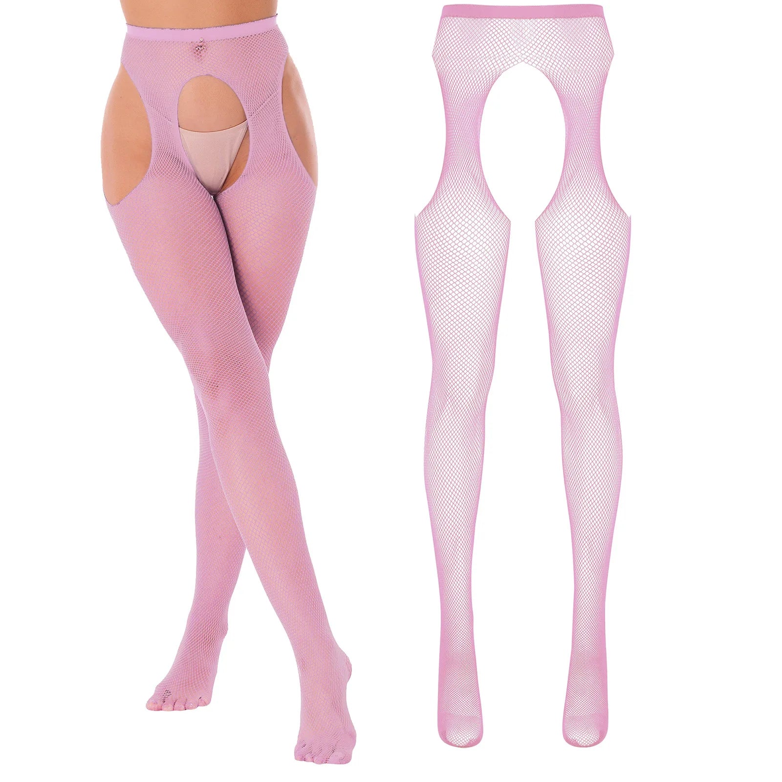 Women Sexy Solid Color Stretchy Leggings See Through Hollow Out Fishnet Stocking Lingerie Cutout Crotchless Tights Pantyhose