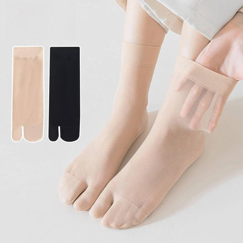 Women's Summer Ultra Thin Toe Socks Sexy Breathable Toe-separated Mid Tube Socks Solid Color Casual Transparent Tabi Silk Socks