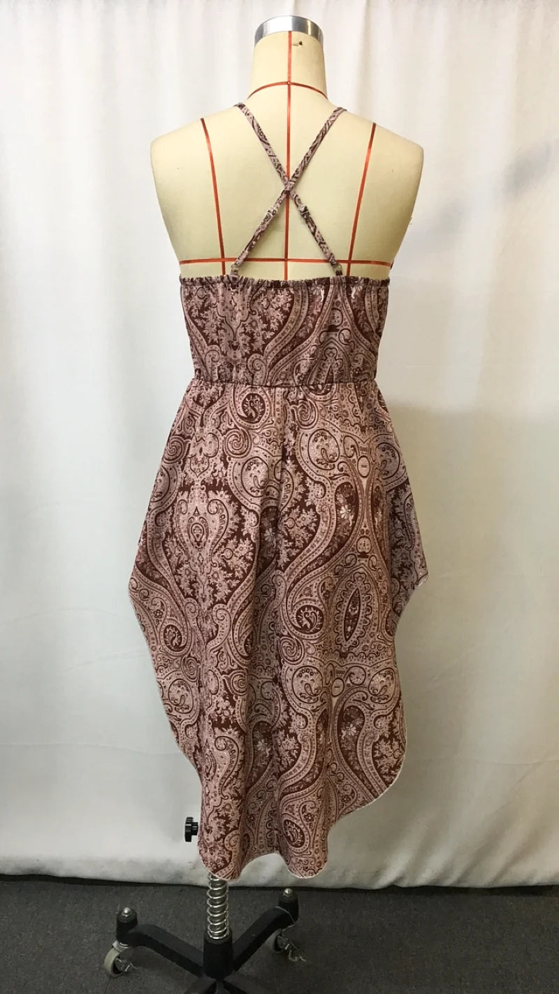 Sexy  Print V Neck Halter Top, High Low Hem Flowy Cami Blouse for Party Beach Vacation Night Out Club Casual Daily Wear