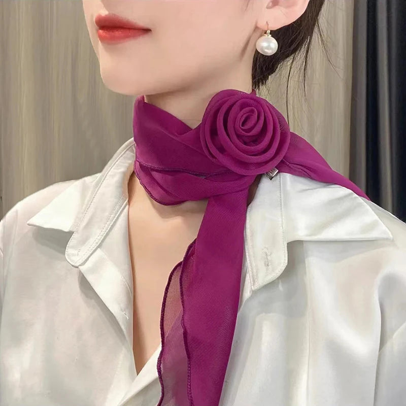 Women's Rose Print Silk Scarf & Ribbon Tie