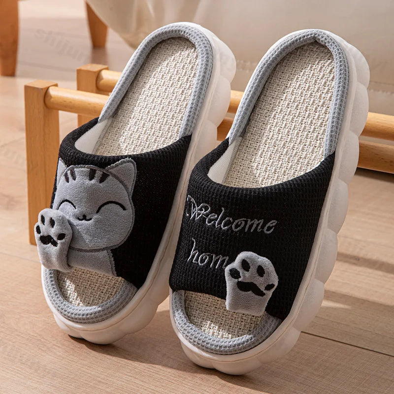 Women House Casual Slippers 2026 Spring Autumn Linen Platform Cute Cartoon Cat Floor Indoor Slippers Fashion Elegant Home Shoes