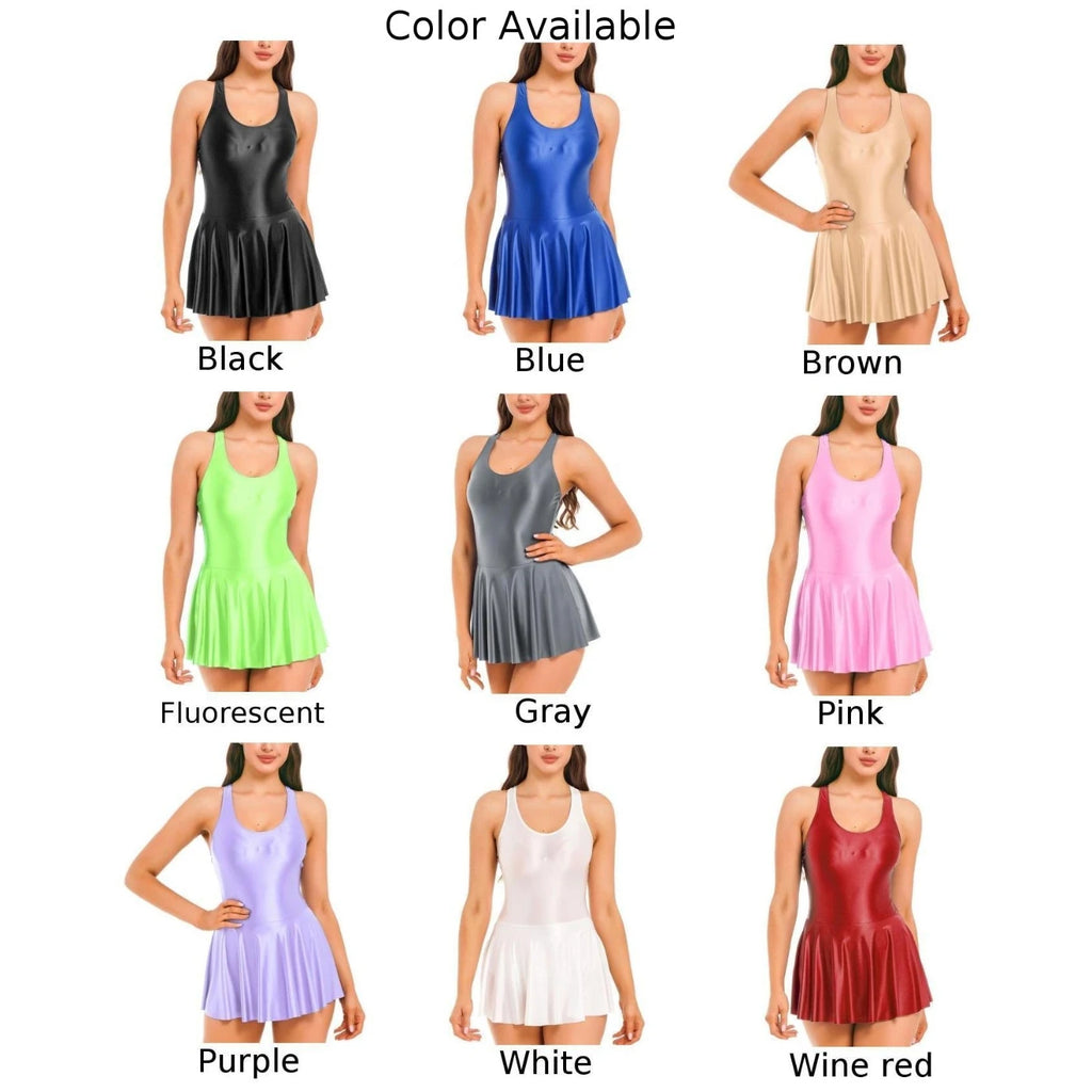 Women Dress Glossy Stretchy Sleeveless Pink Tank Dresses Solid Athletic Tennis Dress Black Swimwear Beachr Nightgown Pajamas