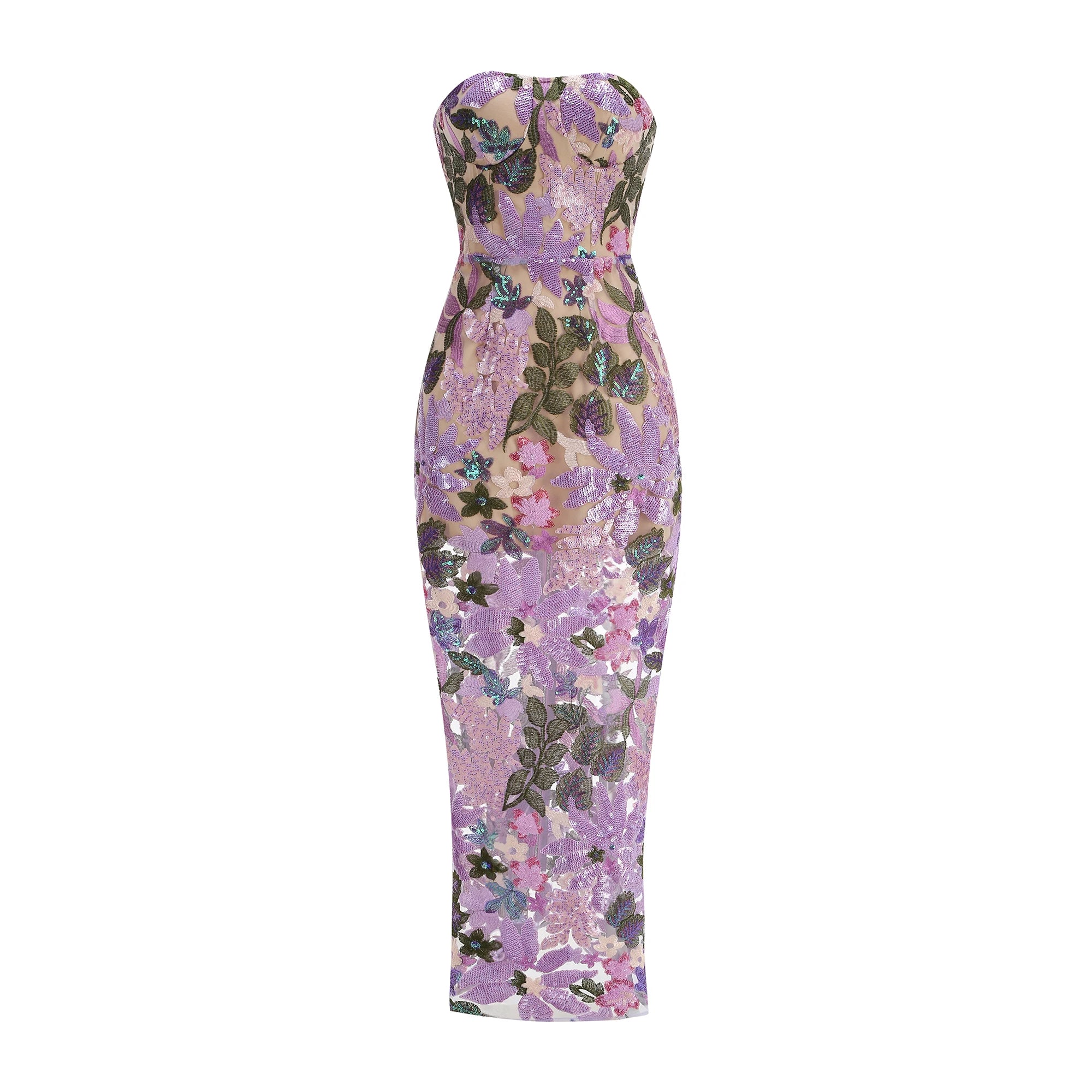 New Sexy Embroidered Bead Flower Strapless Backless Party Dress, Women's Slim Fit Waist Wearing Fishbone Party Dress Long