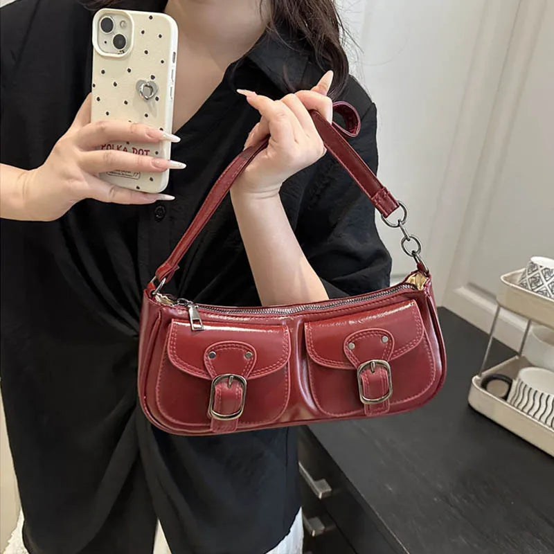 Retro Double-Pocket Faux Leather Shoulder Bag