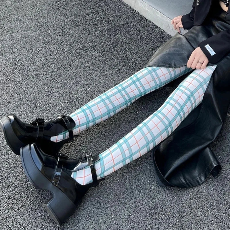 Womens Sexy Thigh High Tights Stockings Plaids Printed Pantyhose Stockings Leggings Socks Long Body Thigh High Stockings