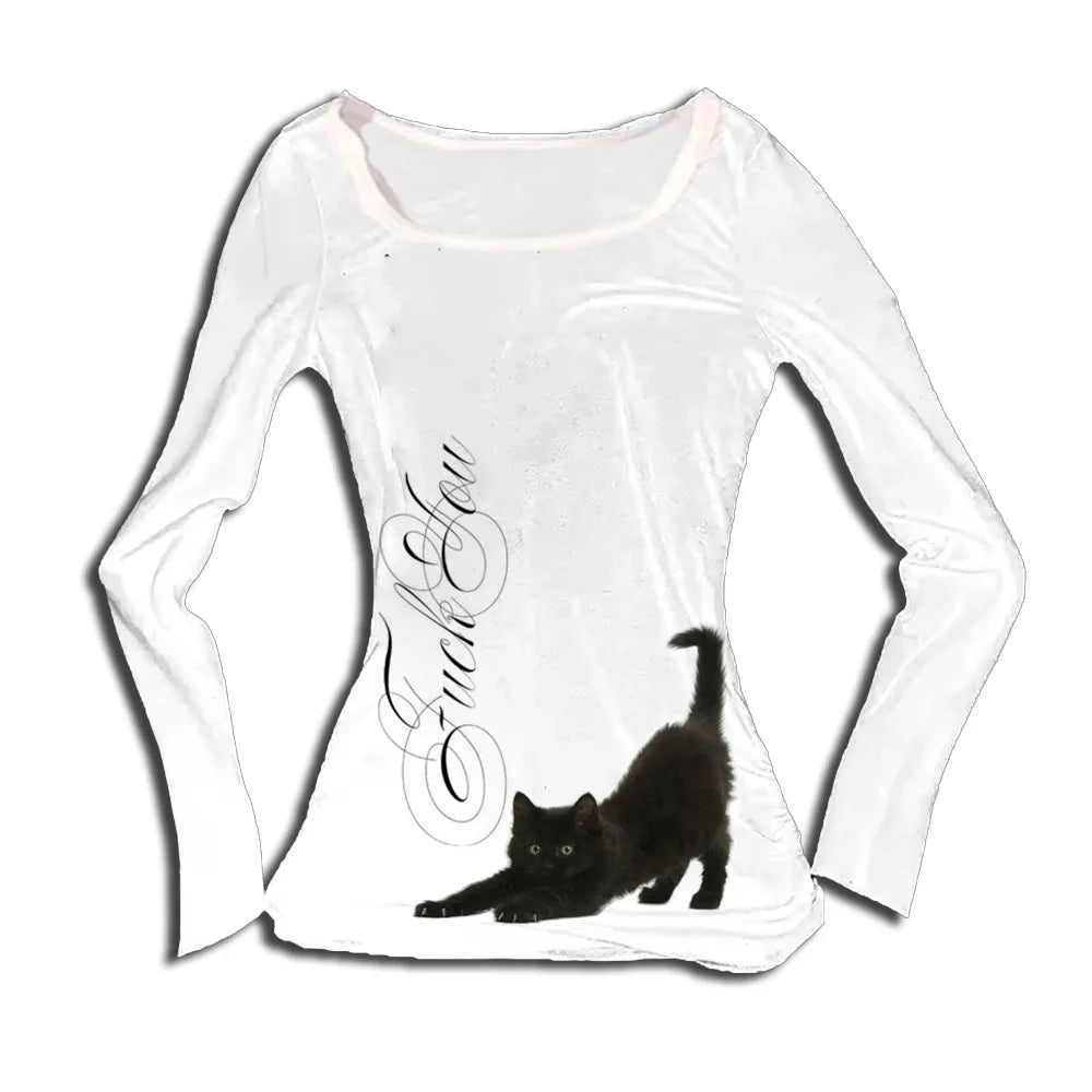 Kitty Graphic Y2K Long-Sleeve Crop Top