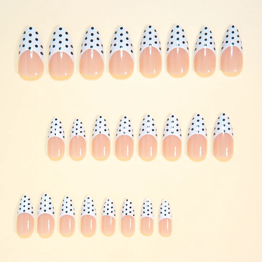 Medium Fake Nails for Women Girls Nude Black White French Almond Nail Tips with Polka Dots Design Full Cover Press On False Nail