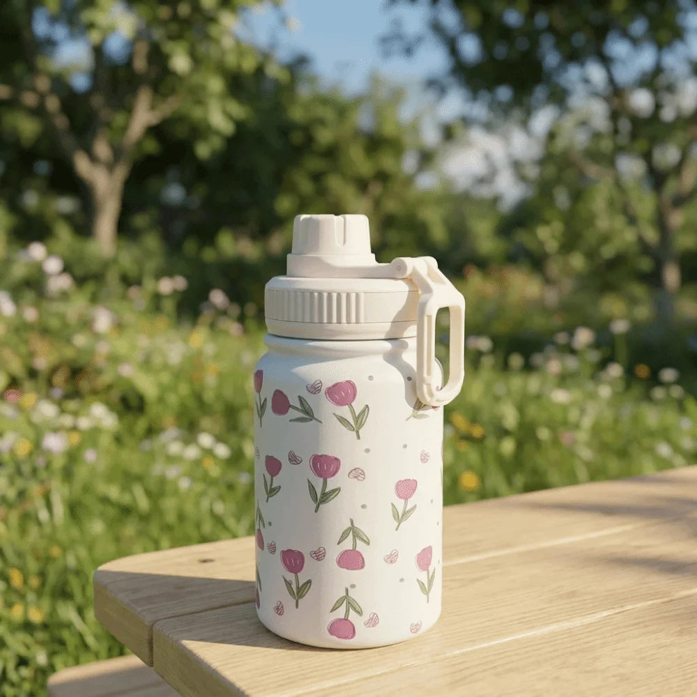 Tulip Pattern Insulated Water Bottle Vacuum Sealed Durable Tumbler Water Cup Eco-Friendly with Handle