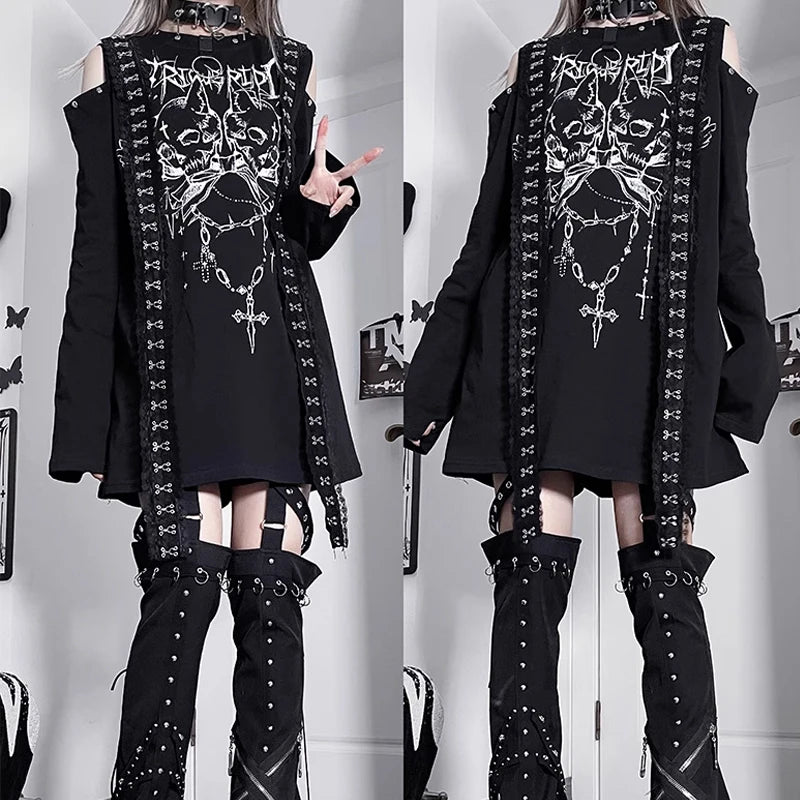 New Off-the-shoulder Subculture Cotton Tee Japanese Punk Gothic Print Dark Loose T-shirt Short/Long Sleeves Y2K Girls Cool Tops