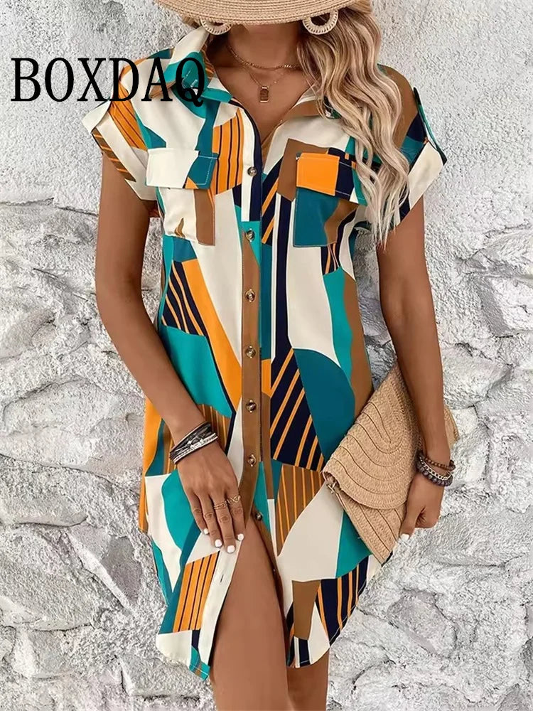 Women's Geometric Print Button Shirt Dress