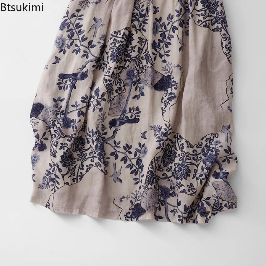 Summer Dresses for Women Retro Casual Loose Print V Neck Long Dress Comy Cotton Linen Pullover Robe Vestidos Women A-line Dress