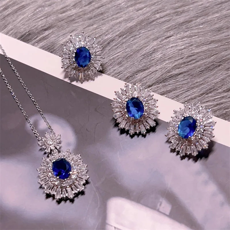 High-quality fashion Blue jewelry sets silver 925 full diamonds luxuriy elegant flower sapphire earrings for women necklace ring