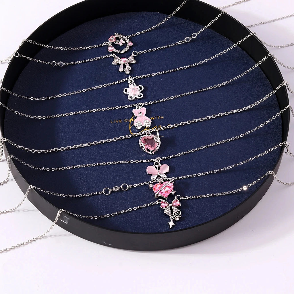 Pink Zircon Heart & Bow Pendant Necklace