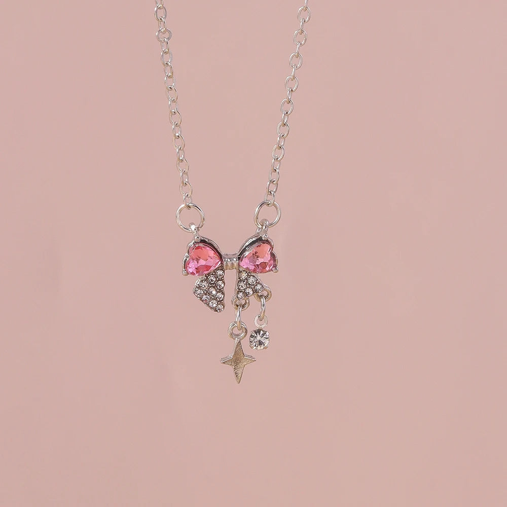 Pink Zircon Heart & Bow Pendant Necklace