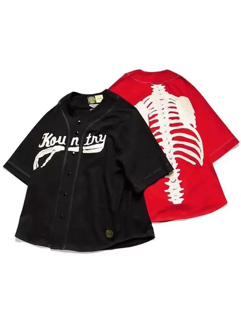 KAPITAL Hirata and Hongri Casual Bone Embroidery Letter Loose Baseball Short Sleeved Shirt for Men Japan Style