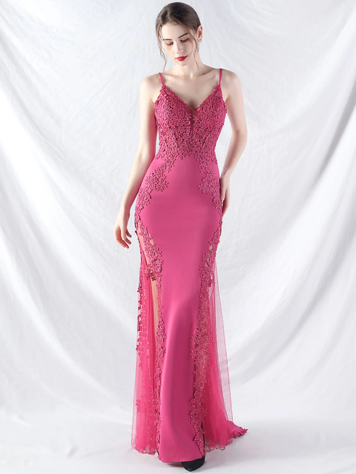 Women's Sheer Lace Mesh Maxi Evening Dress
