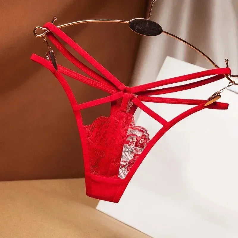 Sexy  Perspective Women's Underwear Lace Fashion Cross Belt Bundled Thong Embroidered G-String Girls Briefs Ladies Transparent