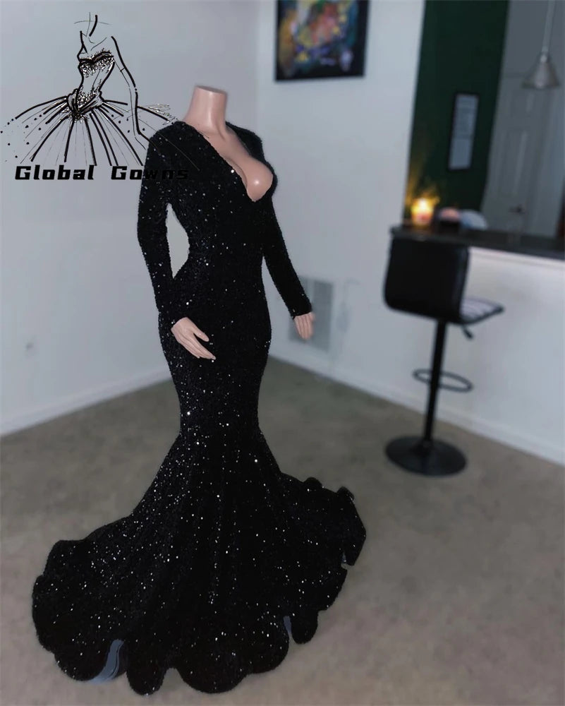 Sexy V Neck Long Prom Dress For Black Girls 2024 Sparkly Sequin Birthday Party Dresses With Full Sleeve Evening Gown Customized