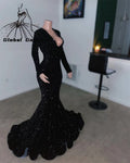 Sexy V Neck Long Prom Dress For Black Girls 2024 Sparkly Sequin Birthday Party Dresses With Full Sleeve Evening Gown Customized