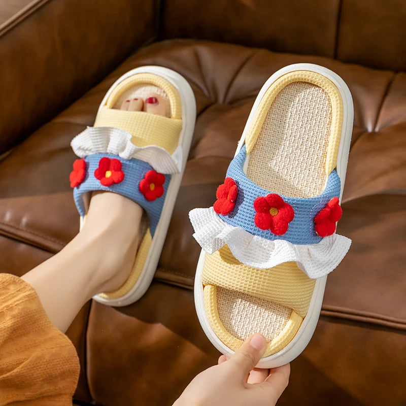 Platform Slippers Women Home Cartoon Cute Flower Designer Shoes Girls Casual House Cotton Linen Slides Flats Indoor Open Toe