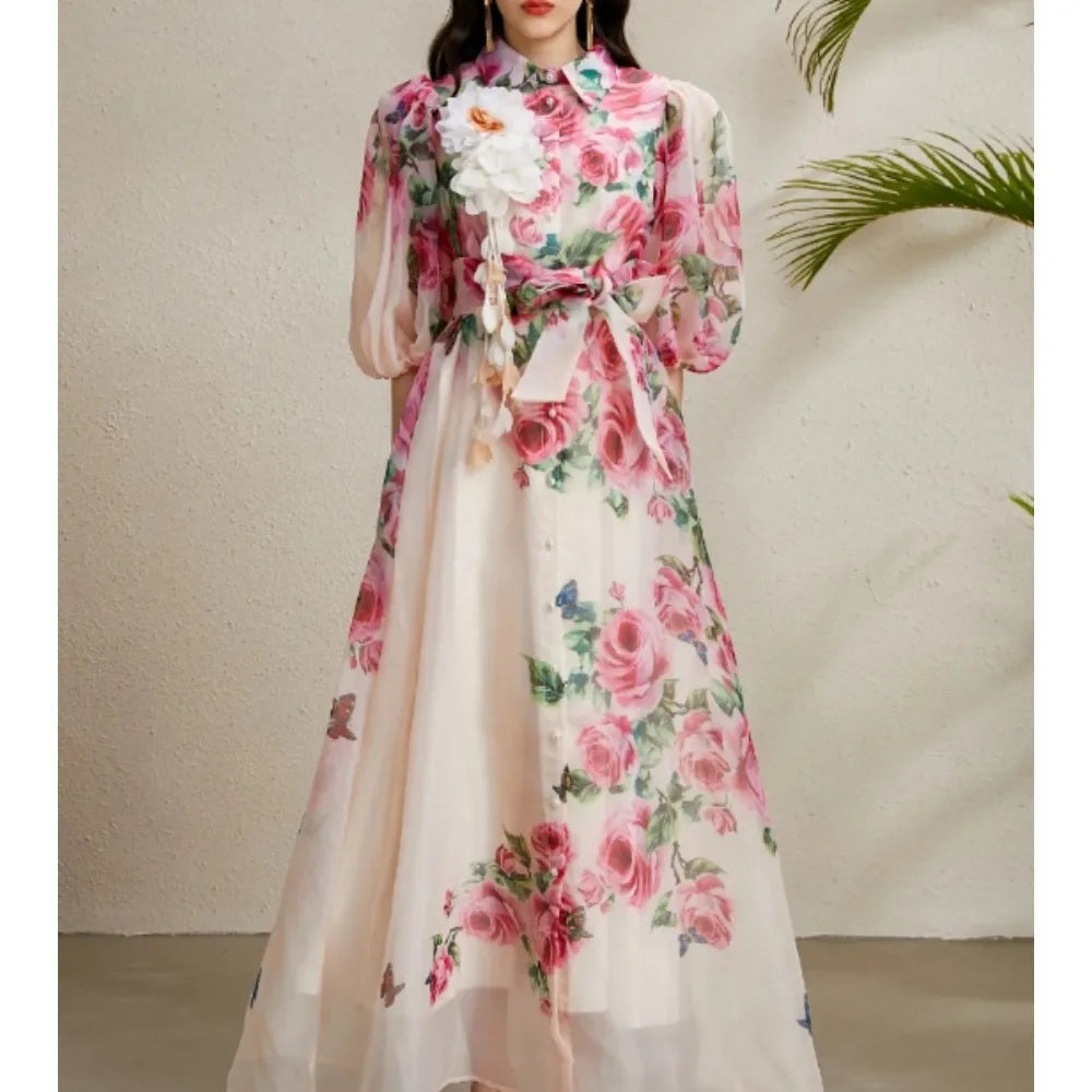 Chic vintage Sexy print mesh Spliced Fairy Summer  Women Boho Sundress women clothing Long dress