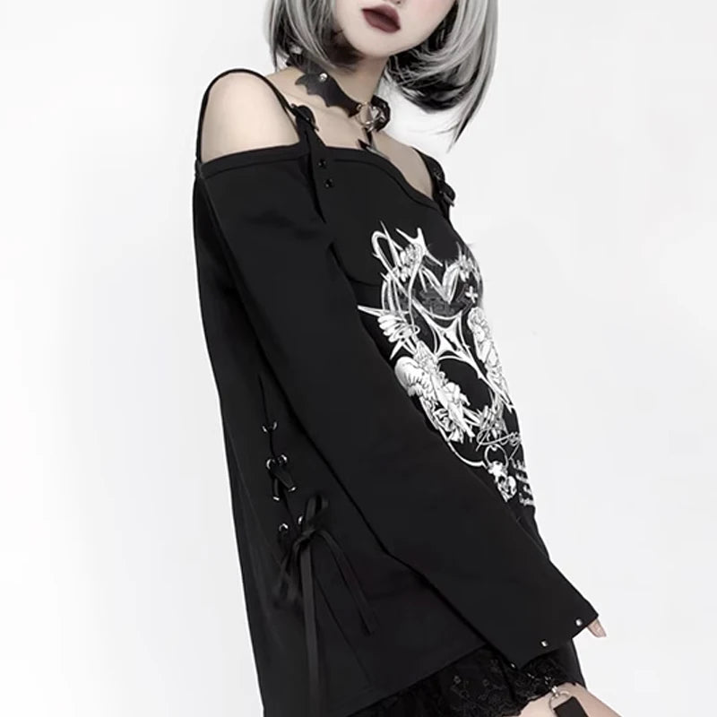 New Off-the-shoulder Subculture Cotton Tee Japanese Punk Gothic Print Dark Loose T-shirt Short/Long Sleeves Y2K Girls Cool Tops