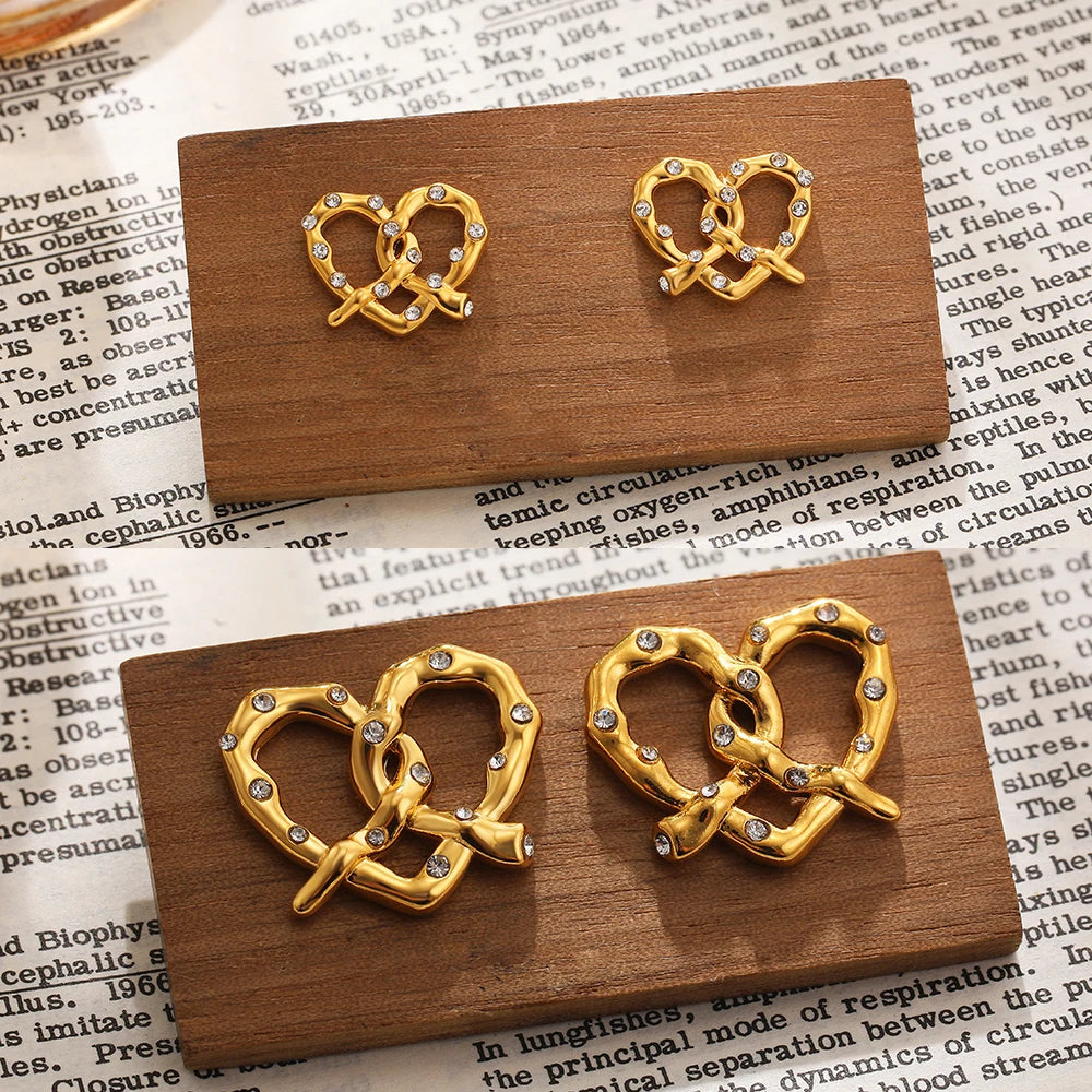 18K Gold-Plated CZ Bow & Heart Stud Earrings