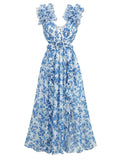 Sexy Pink Printed Deep V Neck Hollow Out Dress Women Sleeveless Ruffle Floral Split Long Dress Vacation Party Beach Vestido