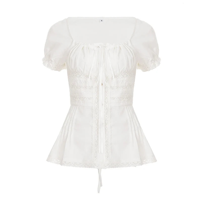 Fairycore Square-Neck Lace Puff-Sleeve Crop Top