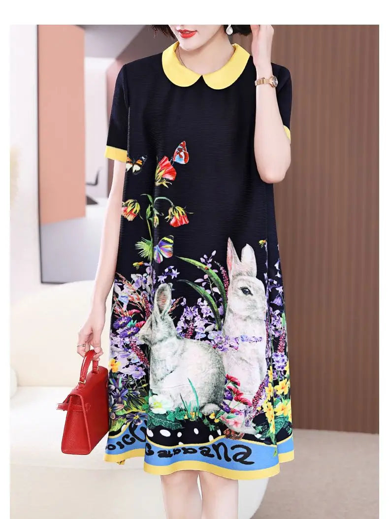 Summer short sleeved dress 2024 new pleated fashion print oversized women's black dress  vestidos de mujer