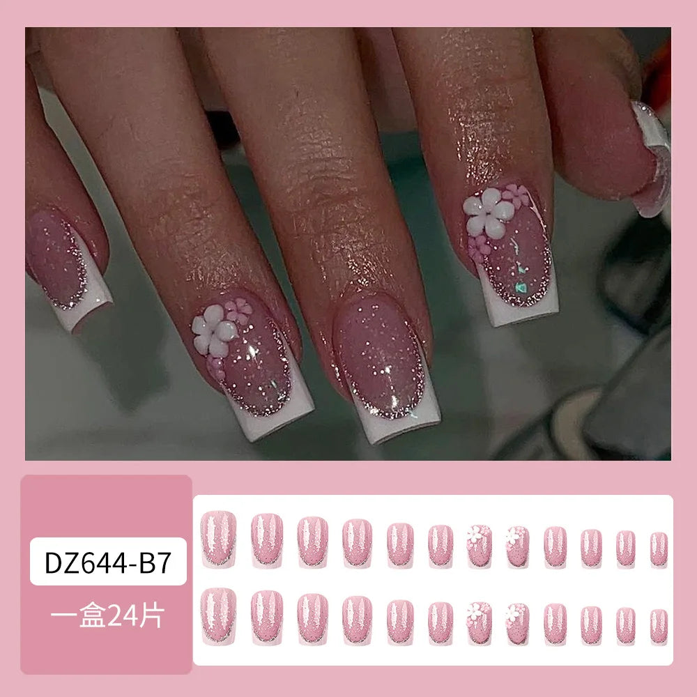White French Glitter Square Press-On Nails – 24 Pieces