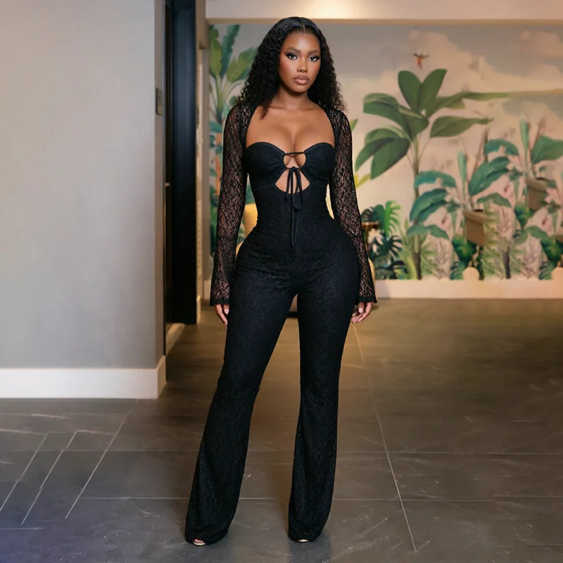 Sexy chest wrapped lace waist cinched hollow drawstring long sleeved jumpsuit pants