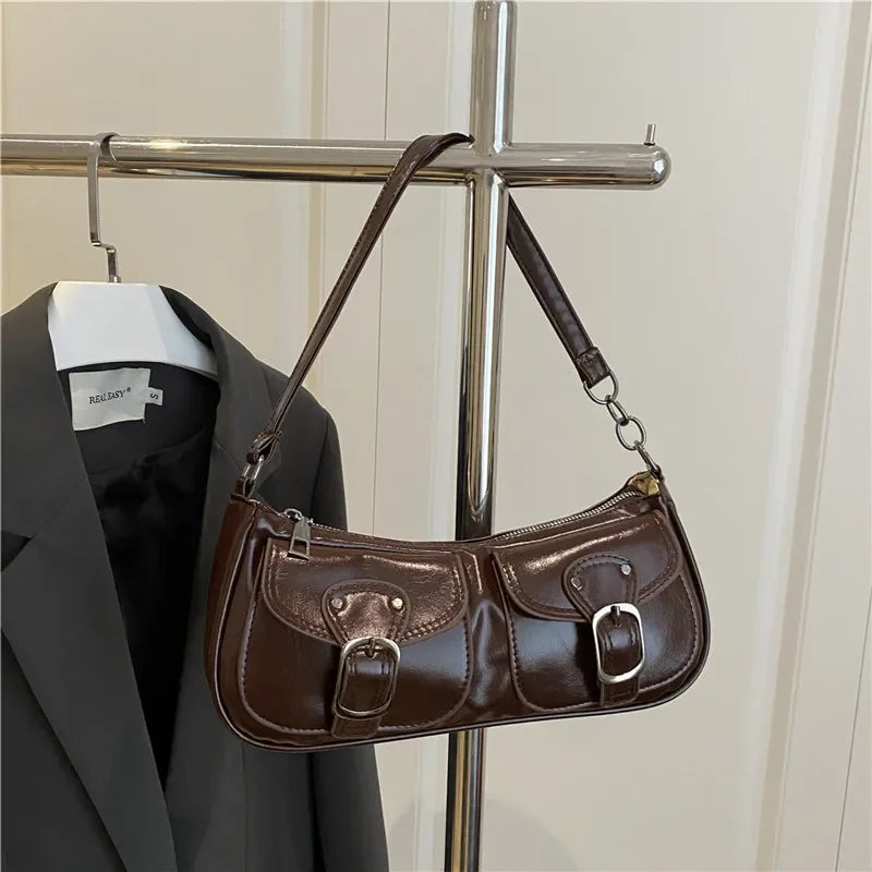 Retro Double-Pocket Faux Leather Shoulder Bag