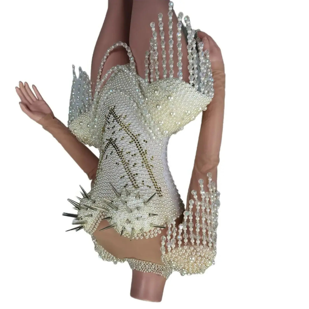 Women's White Pearl Tassel Rhinestone Stage Jumpsuit