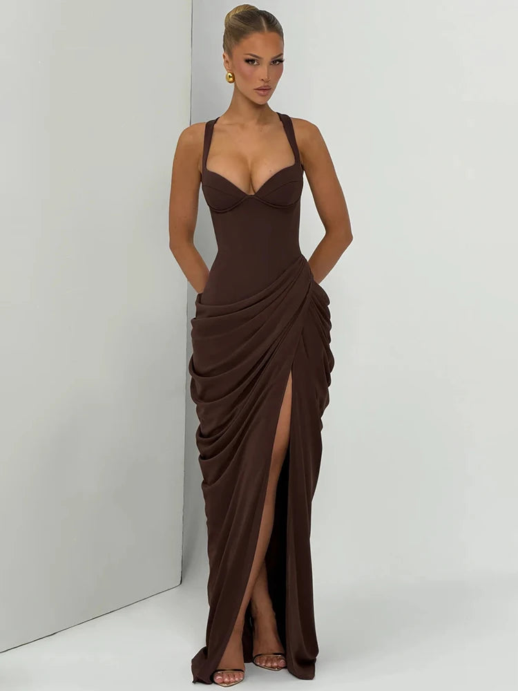 Mozision Women Sexy Maxi Dress Sleeveless Sweetheart Neck High Split Draped Ruched Long Party Dress Formal Wedding Guest Dress