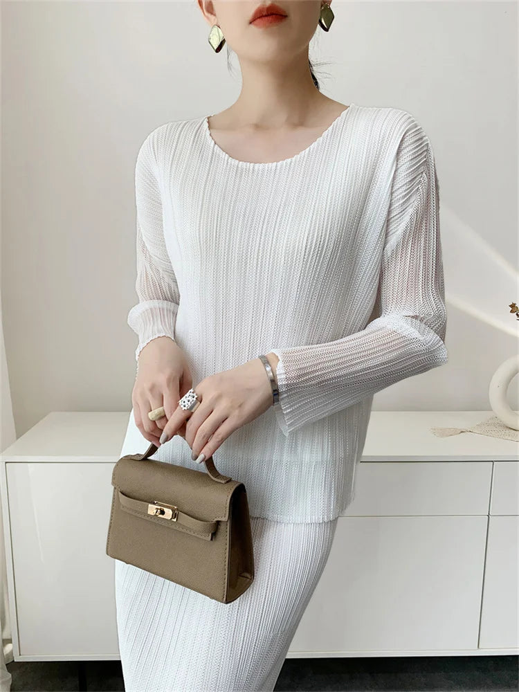 Miyake Pleated T-Shirt 2026 Summer Double-Layer Mesh Short-Sleeve Top Women's Stretch Skirt Simple Elegant Draped Commuter Set