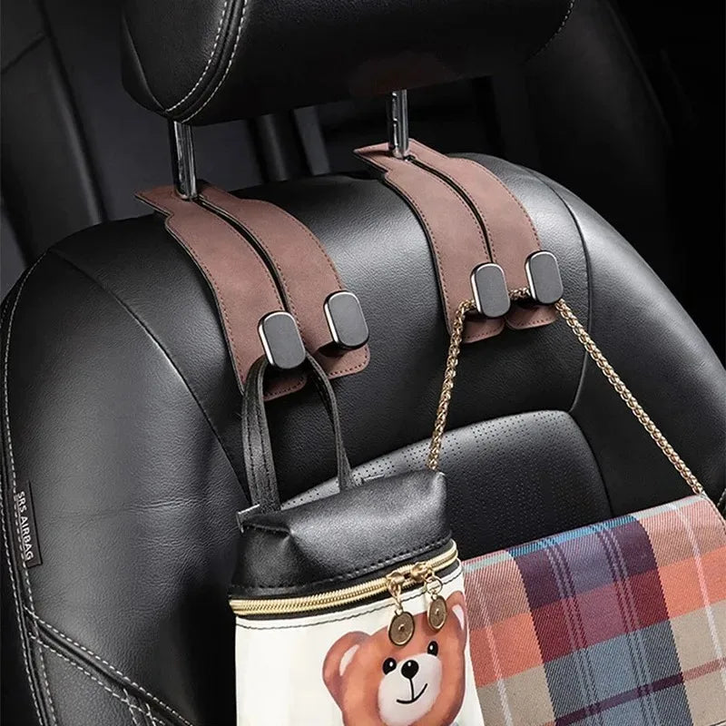 Car Interior Storage Hook, Suede Leather Metal Strap Hanger, Rear Seat Headrest Organizer with Drill, Durable Car Accessories