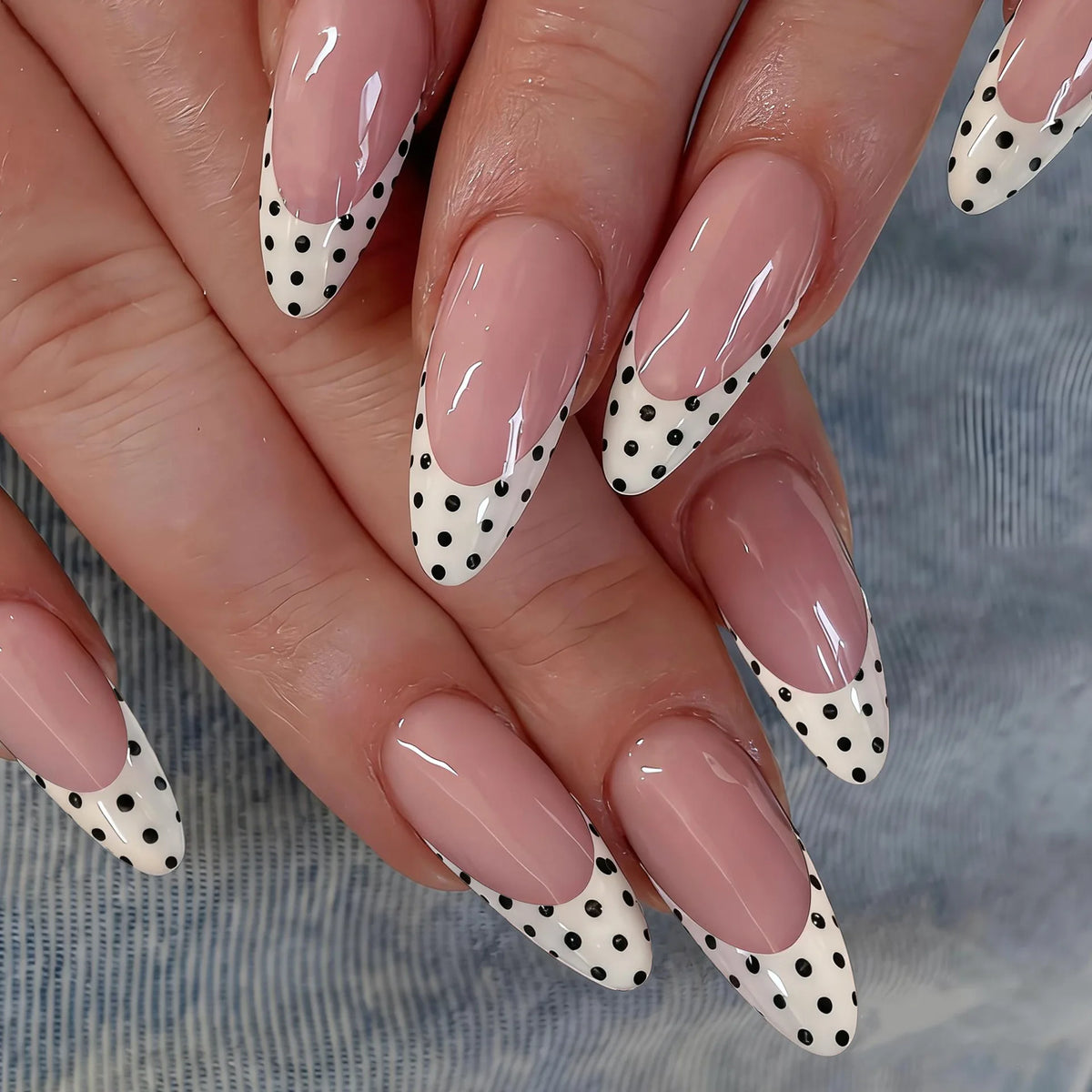 Nude Black & White Polka-Dot Almond Press-On Nails
