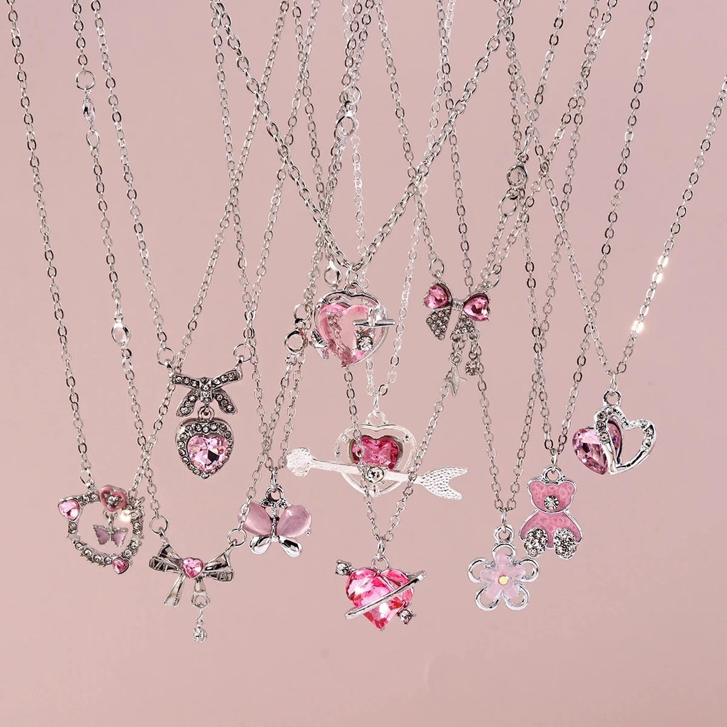Pink Zircon Heart & Bow Pendant Necklace